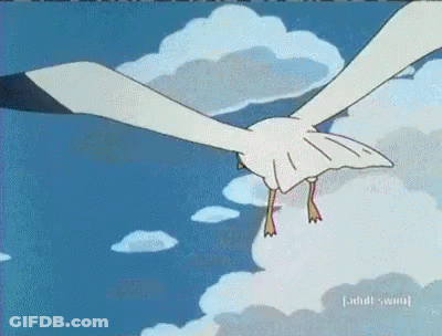 A Cartoon Of A Seagull Flying In A Blue Sky With The Words Adult Swim Below It GIF