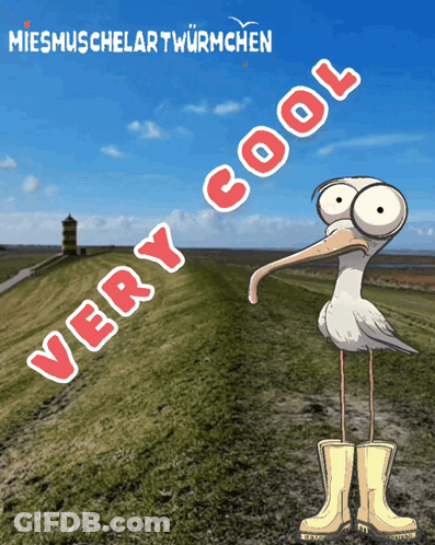 A Cartoon Of A Seagull Wearing Rubber Boots With The Words " Very Cool " Below It GIF