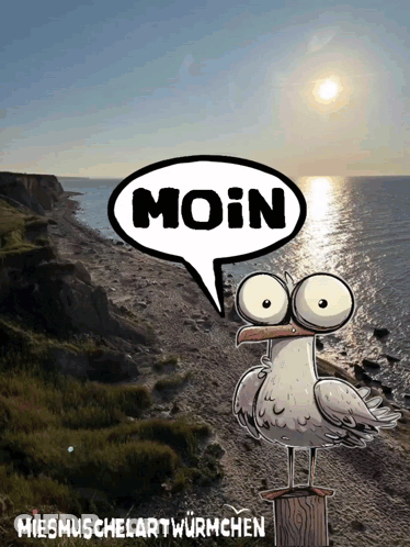 A Cartoon Of A Seagull With A Speech Bubble That Says " Moin " GIF