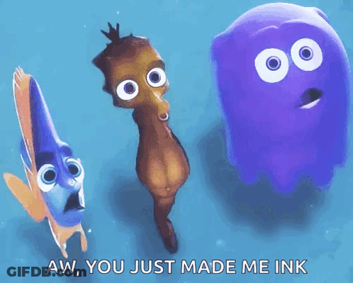 A Cartoon Of A Seahorse A Fish And A Purple Ghost With The Words Aw You Just Made Me Ink GIF