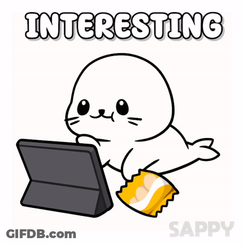 A Cartoon Of A Seal Eating Chips And Looking At A Tablet With The Words Interesting Behind It GIF