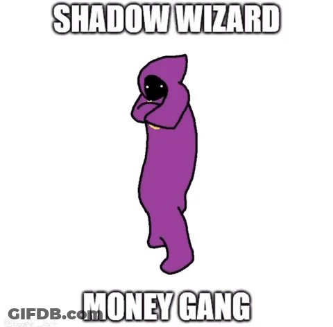 A Cartoon Of A Shadow Wizard Dancing With The Words `` Shadow Wizard Money Gang '' Written Below Him . GIF