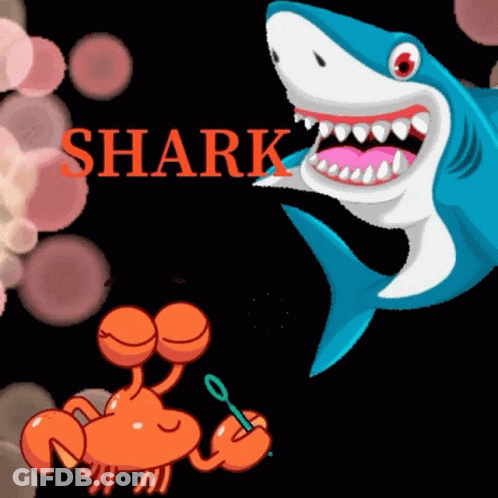 A Cartoon Of A Shark And A Crab With The Word Shark In Red Letters GIF