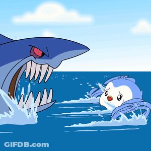 A Cartoon Of A Shark Attacking A Penguin In The Water GIF