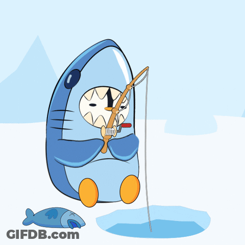 A Cartoon Of A Shark Holding A Fishing Rod In Its Mouth GIF
