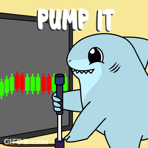 A Cartoon Of A Shark Holding A Pump In Front Of A Screen That Says " Pump It " GIF