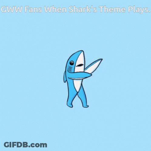 A Cartoon Of A Shark On A Blue Background With The Words Gww Fans When Shark 'S Theme Plays GIF