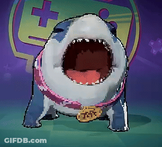 A Cartoon Of A Shark With Its Mouth Open And A Necklace That Says J.l.s. GIF