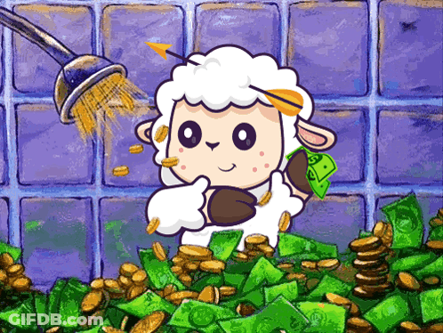 A Cartoon Of A Sheep Holding A Dollar Bill And Coins GIF