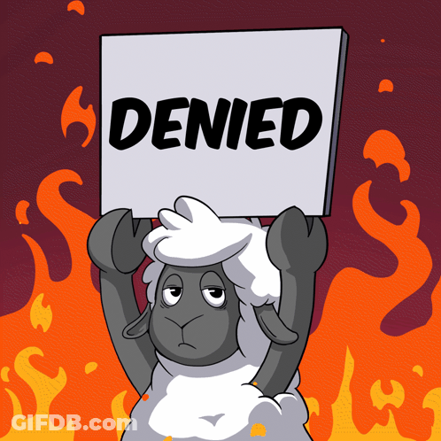 A Cartoon Of A Sheep Holding A Sign That Says Denied GIF