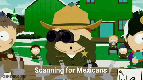A Cartoon Of A Sheriff Looking Through Binoculars Says Scanning For Mexicans GIF