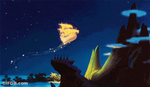 A Cartoon Of A Ship Flying Over A Mountain GIF