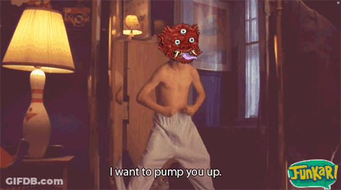 A Cartoon Of A Shirtless Boy With A Red Monster On His Head Says I Want To Pump You Up GIF