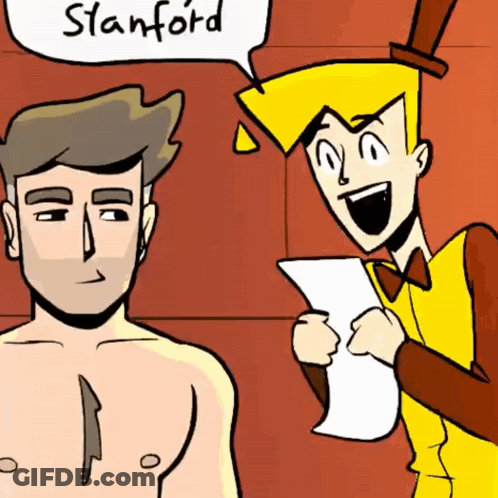 A Cartoon Of A Shirtless Man And A Man With A Top Hat Saying Stanford GIF