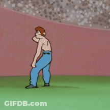 A Cartoon Of A Shirtless Man In Blue Pants Dancing On A Green Field GIF