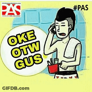 A Cartoon Of A Shirtless Man Talking On A Cell Phone With The Words Oke Otw Gus Above Him GIF