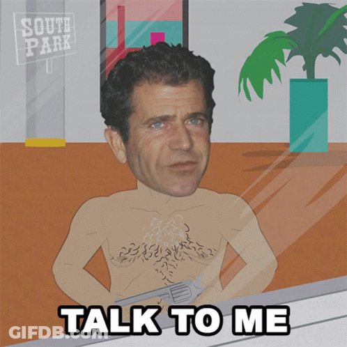 A Cartoon Of A Shirtless Man With A Gun And The Words Talk To Me Below Him GIF