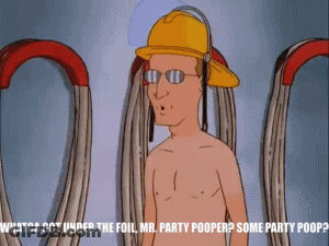 A Cartoon Of A Shirtless Man With A Hard Hat And Glasses Says Whatca Got Under The Foil GIF
