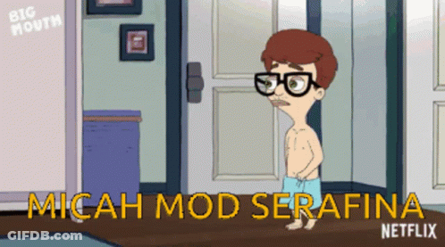 A Cartoon Of A Shirtless Man With Glasses And The Words Micah Mod Serafina Netflix GIF