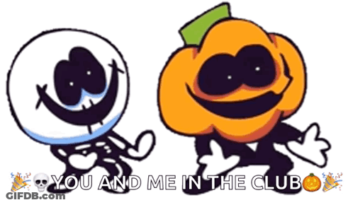A Cartoon Of A Skeleton And A Pumpkin With The Words `` You And Me In The Club '' GIF