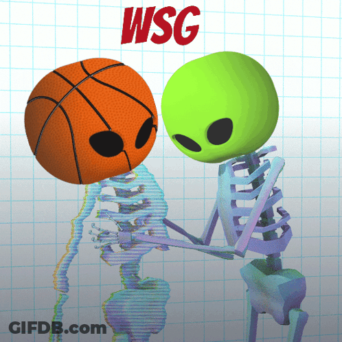 A Cartoon Of A Skeleton And An Alien With The Word Wsg On The Top GIF