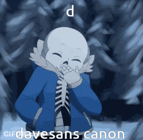 A Cartoon Of A Skeleton Covering His Mouth With His Hand And The Words " Davesans Canon " Above Him GIF