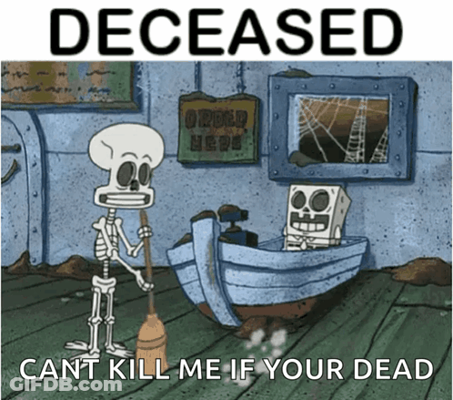 A Cartoon Of A Skeleton Holding A Broom Next To A Boat That Says Deceased On It GIF
