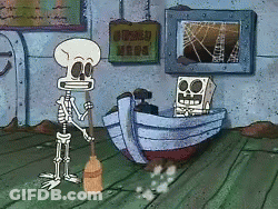 A Cartoon Of A Skeleton Holding A Broom Next To A Boat With A Sign Above It That Says " Opened " GIF