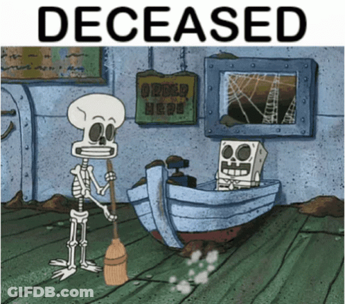 A Cartoon Of A Skeleton Holding A Broom Next To A Boat With The Words Deceased Above It GIF