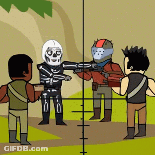 A Cartoon Of A Skeleton Holding A Gun In Front Of A Group Of Soldiers . GIF