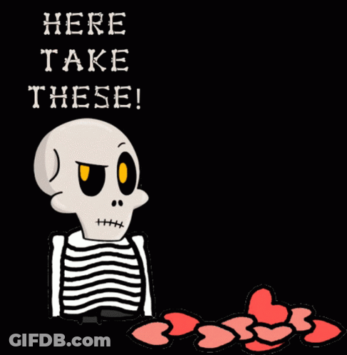 A Cartoon Of A Skeleton Holding A Heart With The Words Here Take These GIF