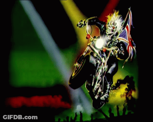 A Cartoon Of A Skeleton Riding A Motorcycle With A Flag GIF