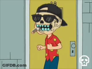 A Cartoon Of A Skeleton Smoking A Cigar In Front Of A Yellow Door With The Number 28 On It GIF
