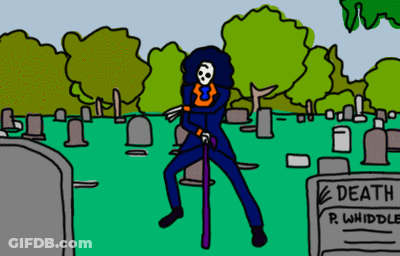 A Cartoon Of A Skeleton Standing In A Cemetery Next To A Grave Of P. Whiddle GIF