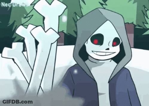 A Cartoon Of A Skeleton Wearing A Hooded Jacket And Red Eyes GIF