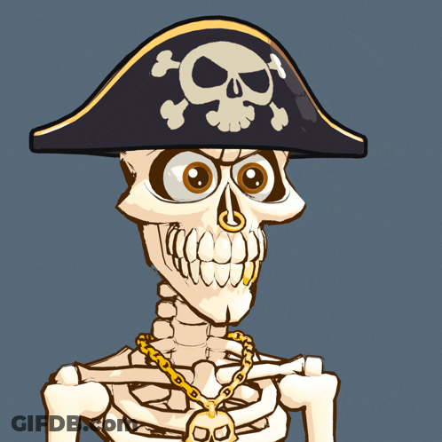 A Cartoon Of A Skeleton Wearing A Pirate Hat And Holding A Hook GIF