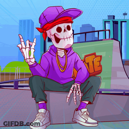 A Cartoon Of A Skeleton Wearing A Purple Hoodie And A Purple Hat GIF