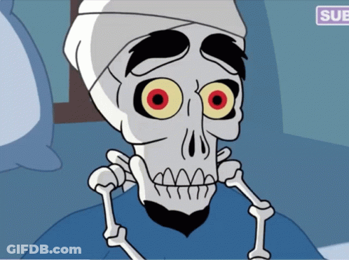 A Cartoon Of A Skeleton With A Bandage On His Head And A Sub Button GIF