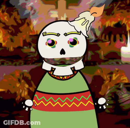 A Cartoon Of A Skeleton With A Candle On Top Of His Head GIF