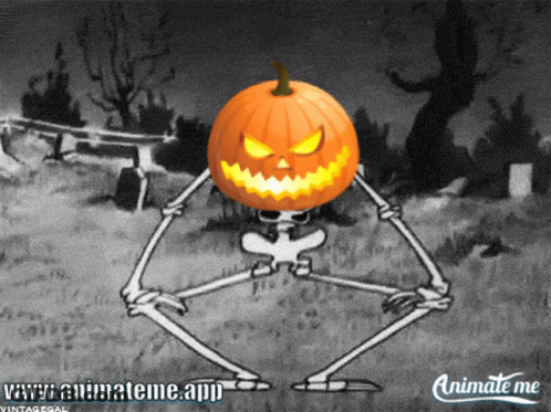 A Cartoon Of A Skeleton With A Pumpkin On His Head And The Website Www.animateme.app GIF
