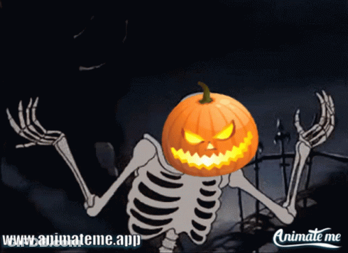 A Cartoon Of A Skeleton With A Pumpkin On His Head And The Website Www.animateme.app GIF