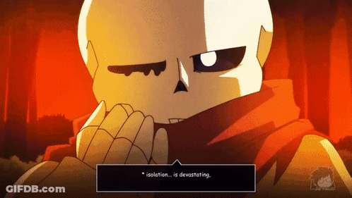 A Cartoon Of A Skeleton With A Scarf Around His Neck And The Words " Isolation Is Devastating " GIF