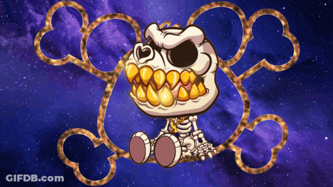 A Cartoon Of A Skeleton With Gold Teeth Is Surrounded By Skulls And Bones GIF