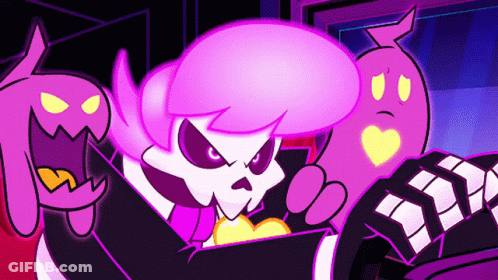 A Cartoon Of A Skeleton With Purple Hair And A Purple Ghost With A Heart On It GIF