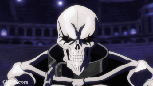 A Cartoon Of A Skeleton With Red Eyes And A Chain Around His Neck GIF