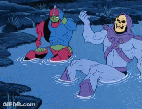 A Cartoon Of A Skeletor And A Robot In A Body Of Water GIF