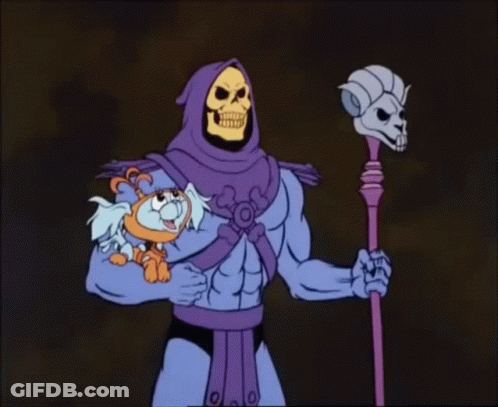 A Cartoon Of A Skeletor Holding A Small Animal GIF
