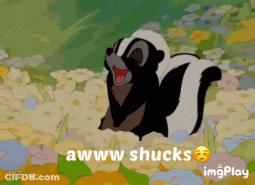 A Cartoon Of A Skunk With The Words Awww Shucks Behind Him GIF