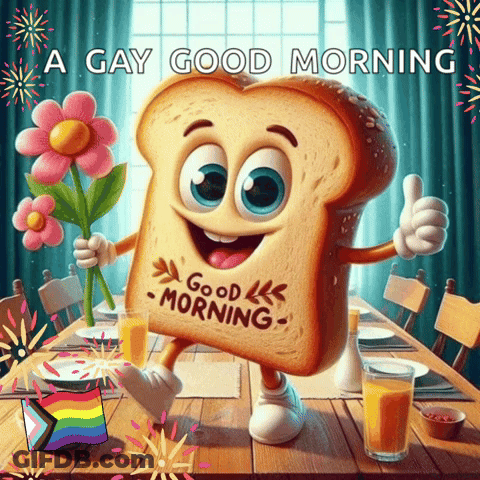 A Cartoon Of A Slice Of Bread That Says Good Morning On It GIF