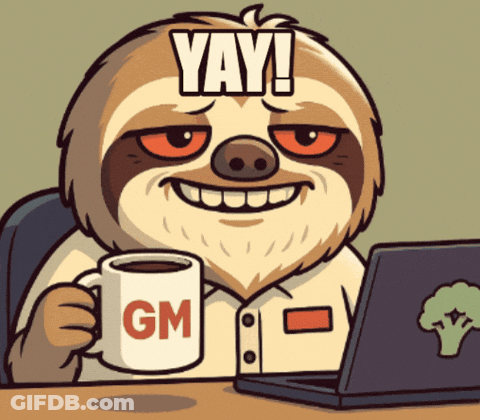 A Cartoon Of A Sloth Holding A Mug That Says Gm On It GIF